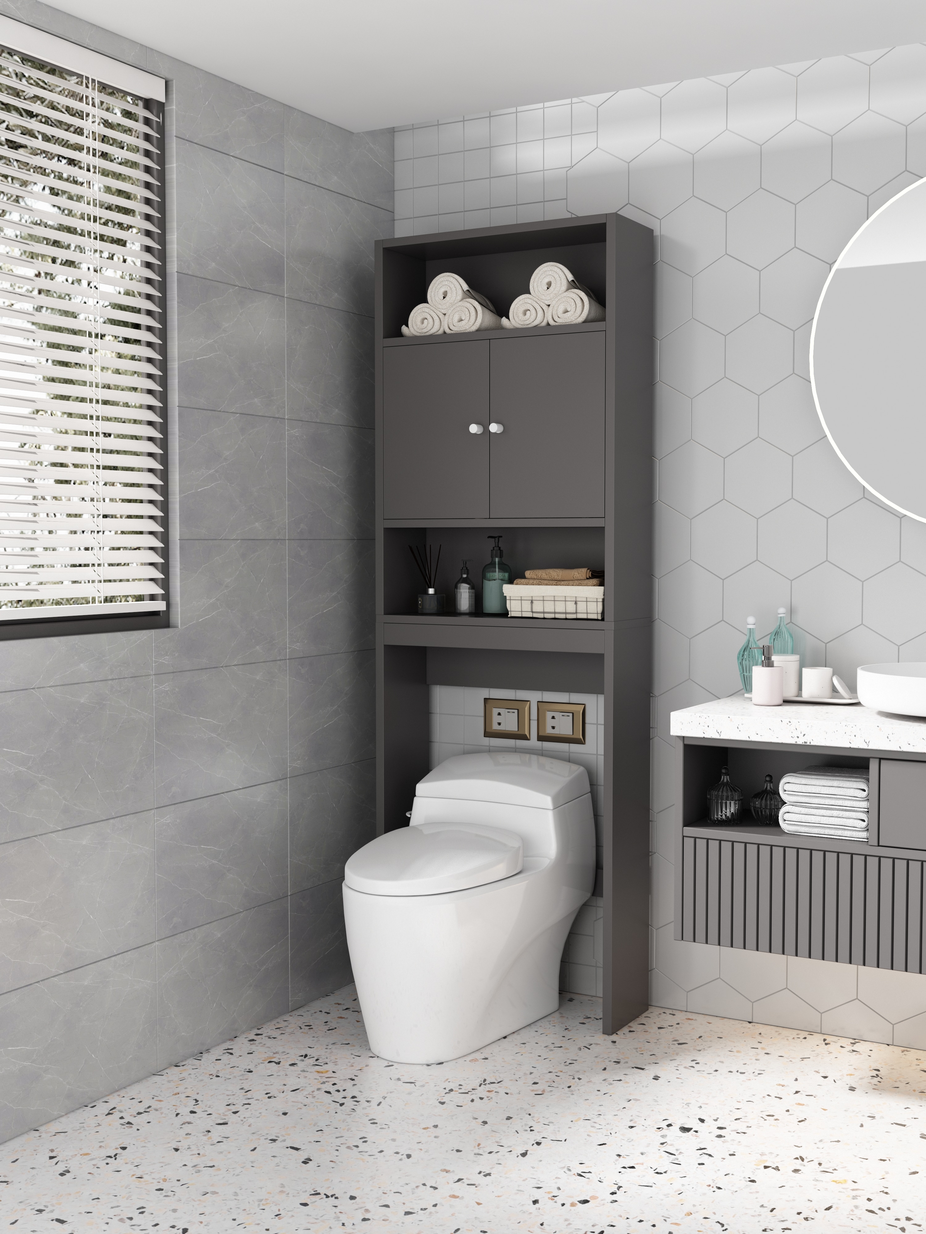 Home Bathroom Shelf Over-The-Toilet, Bathroom SpaceSaver, Bathroom, Tollilet Storage Cabinet, GRAY_voghion.com